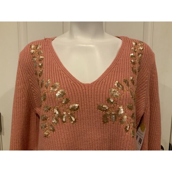 Miss Me Pink Knit Sweater  W/ Gold Sequins & Flounce Sleeves, Size L - Picture 2 of 10